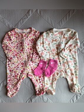 Carter's Pink Floral & Cream Woodland Footed One-Pieces with Bright Pink Socks
